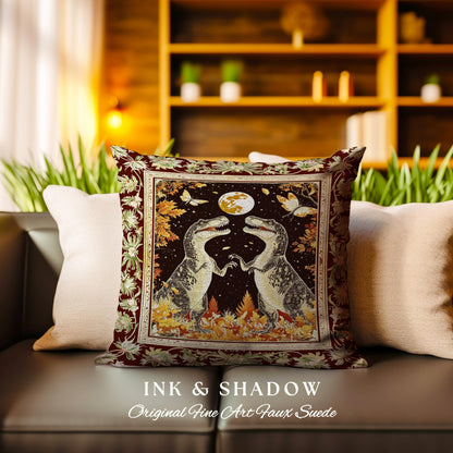 Baroque Dinosaur Pillow Ornate Medieval Botanical Nightscape Art | Vintage Dark Academia Woodland Gothic T-Rex Enchanted Forest Fantasy |