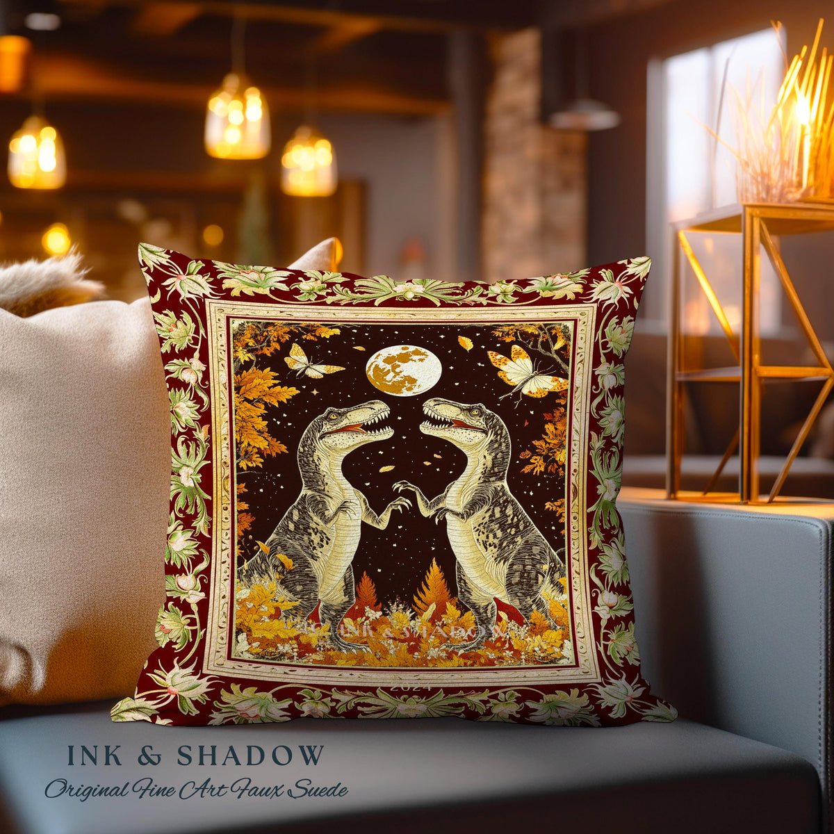 Baroque Dinosaur Pillow Ornate Medieval Botanical Nightscape Art | Vintage Dark Academia Woodland Gothic T-Rex Enchanted Forest Fantasy |