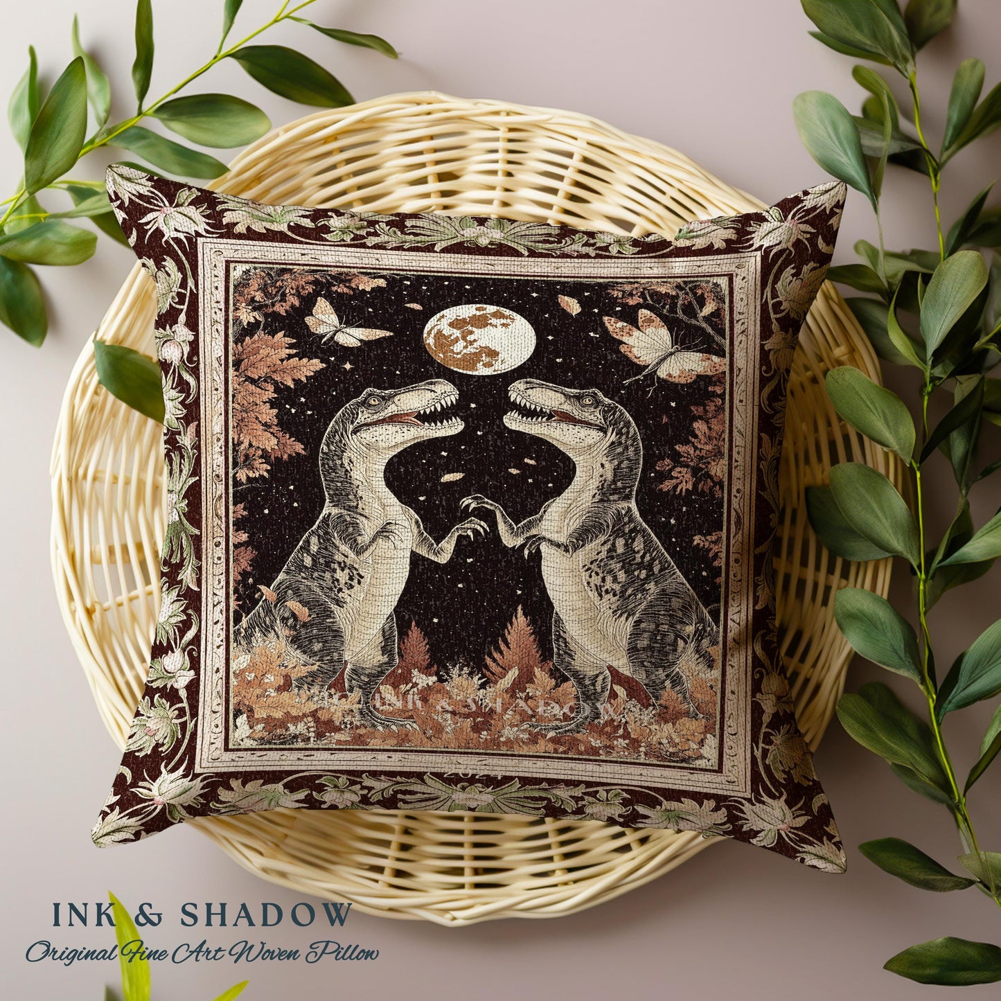 Baroque Dinosaur Pillow Ornate Medieval Botanical Nightscape Art | Vintage Dark Academia Woodland Gothic T-Rex Enchanted Forest Fantasy |