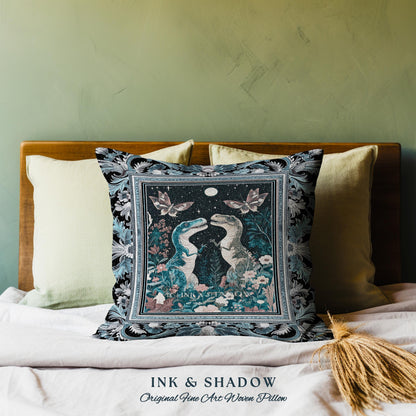 Celestial T-Rex Dinosaur Pillow Enchanted Night Garden Moonlit Witchy Cottagecore Vintage Indigo Blue Whimsigoth Jurassic Forestcore Cushion