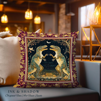 Medieval T-Rex Pillow Vintage Celestial Night Sky Enchanted Woodland Gothic Decor, Dark Nature Dinosaur Baroque Elegance Folklore Cushion |