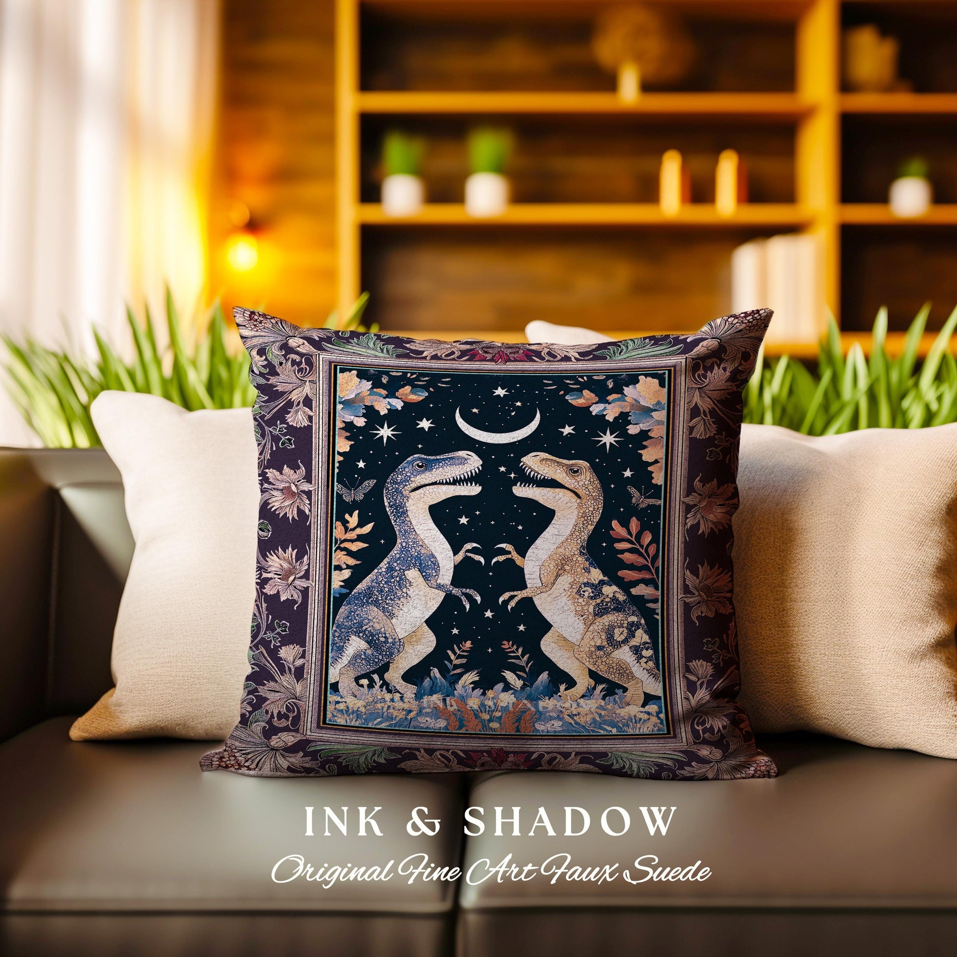 Whimsigoth Dinosaur Pillow Celestial T-Rex Starry Night Decor, Mystic Jurassic Forest Fairycore Enchanted Woodland Witchy Magic Cottagecore
