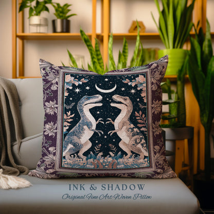 Whimsigoth Dinosaur Pillow Celestial T-Rex Starry Night Decor, Mystic Jurassic Forest Fairycore Enchanted Woodland Witchy Magic Cottagecore