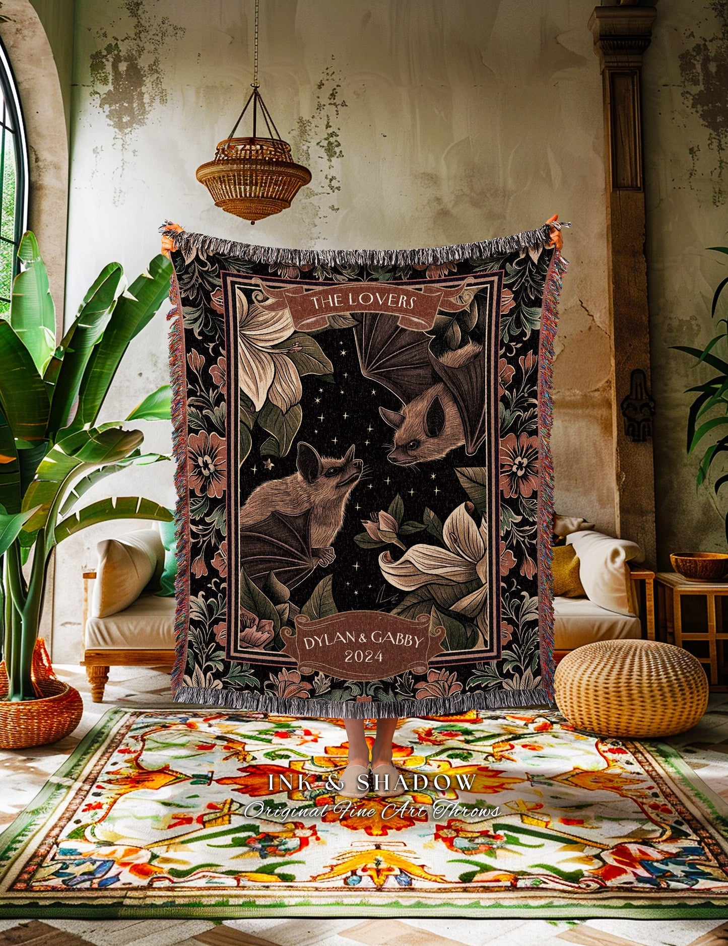 Folklore Aesthetic Bat Blanket Custom | Celestial Bat Couple Gothic Wedding Tapestry 'The Lovers' Blanket Gift for Goth Couples Dark Floral