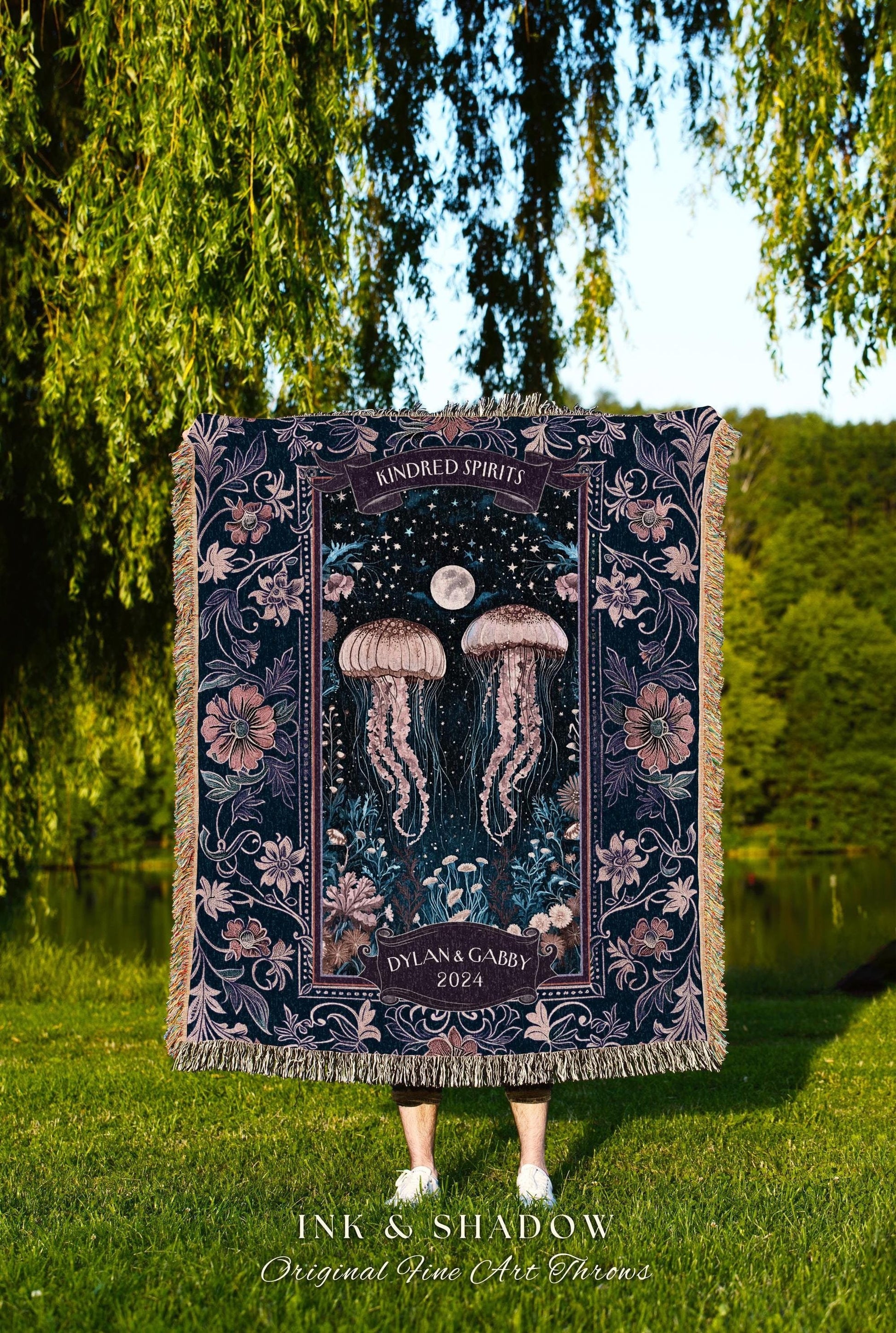 Midnight Purple Enchanted Moonlit Jellyfish Couple Personalized Tapestry Throw, Wedding Anniversary Valentine Custom Names Ocean Art Blanket