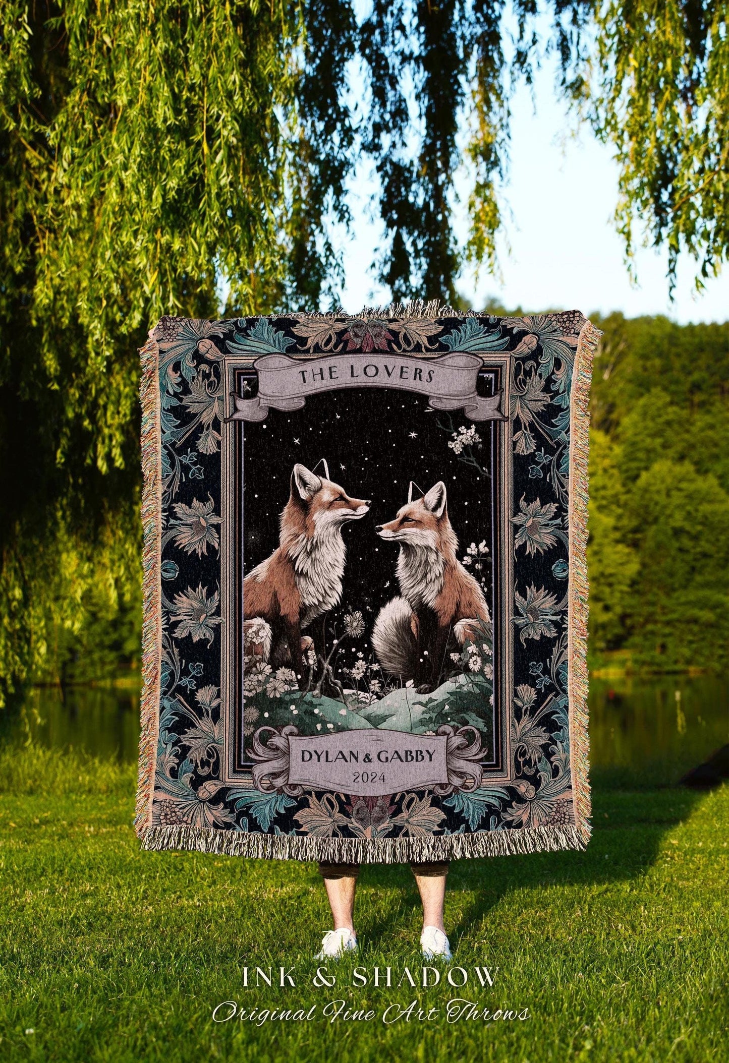 The Lovers Custom Couple Fox Blanket Romantic Woodland Cottagecore Tapestry Throw | Enchanted Night Wedding Personalized Anniversary Gift