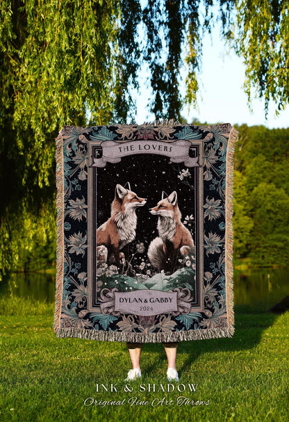 The Lovers Custom Couple Fox Blanket Romantic Woodland Cottagecore Tapestry Throw | Enchanted Night Wedding Personalized Anniversary Gift