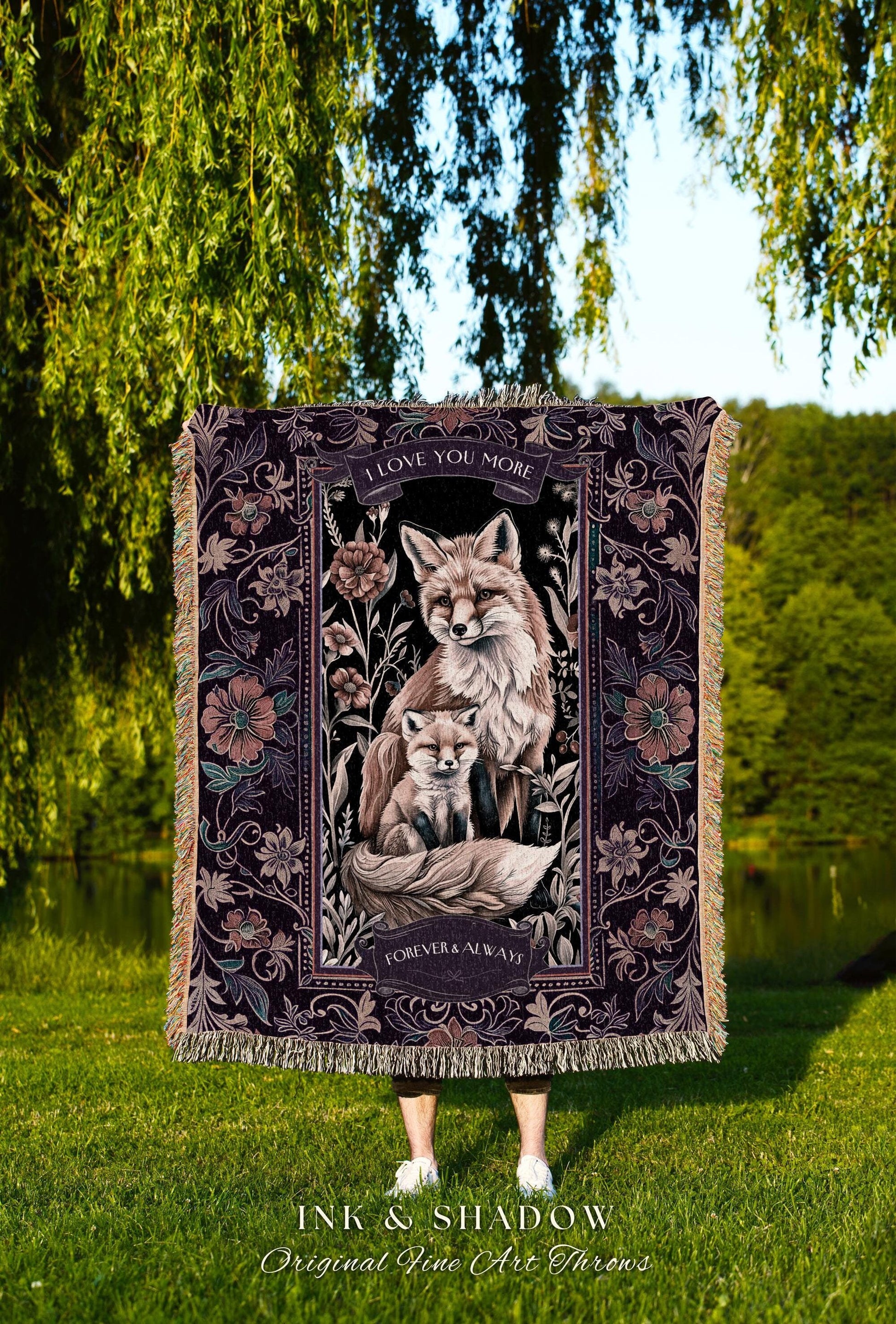 Enchanted Forest Fox Parent Child Nostalgic Cottagecore Blanket, Custom Woodland Keepsake Tapestry Throw New New Mom Dad Gift from Children