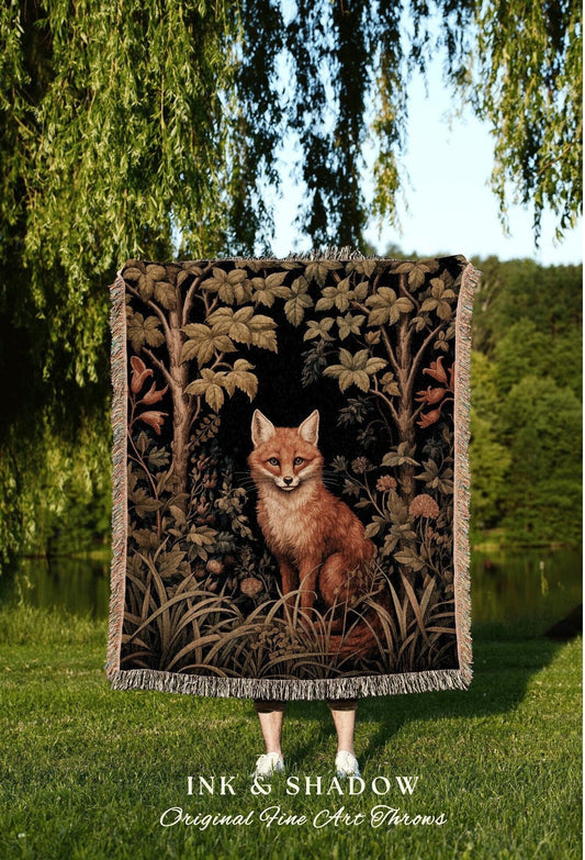 Nature Blanket Woven Fox Tapestry | Woodland Folk Art Blanket Woven Tapestry William Morris Style Woodland Gothic Decor Dark Cottagecore Fox