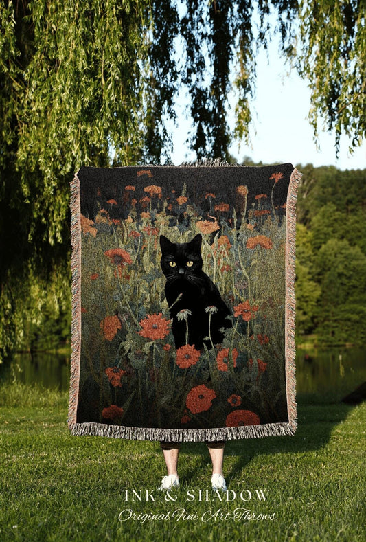 Floral Bedroom Decor Cat Tapestry Dorm Room Wall Art Decor Tapestry Black Cat Woven Blanket | Boho Cat Floral Decor Cottagecore Aesthetic |