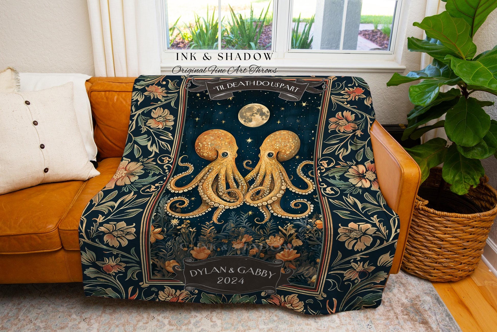 Whimsigothic Woven Blanket for Couple Custom | Octopus Couple Custom Names Tapestry Celestial Personalized Whimsical Anniversary Valentine |