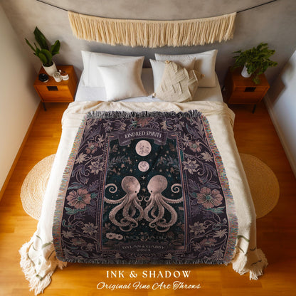 Midnight Purple Romantic Octopus Couple Blanket Custom Names Tapestry, Celestial Underwater Personalized Wedding Anniversary Valentine Gift