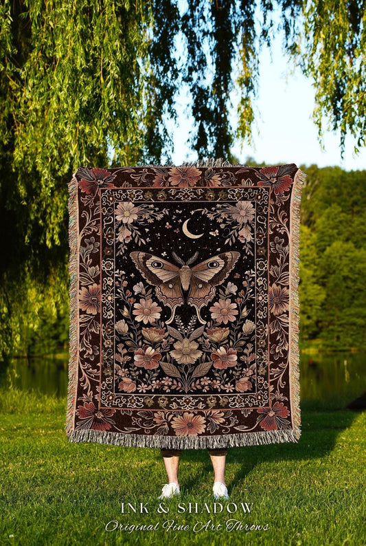 Whimsical Fairycore Moth Blanket Dark Botanical Cottagecore Butterfly Decor | Floral Witchy Aesthetic Moth Moon Tapestry Blanket Woven Art