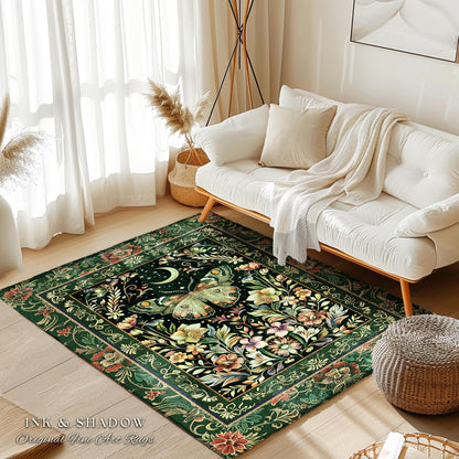 Boho Botanical Moth Rug Floral Grunge Fairycore Room Decor, Woodland Gothic Moon Butterfly Forest Green Forestcore Celestial Cottagecore Rug