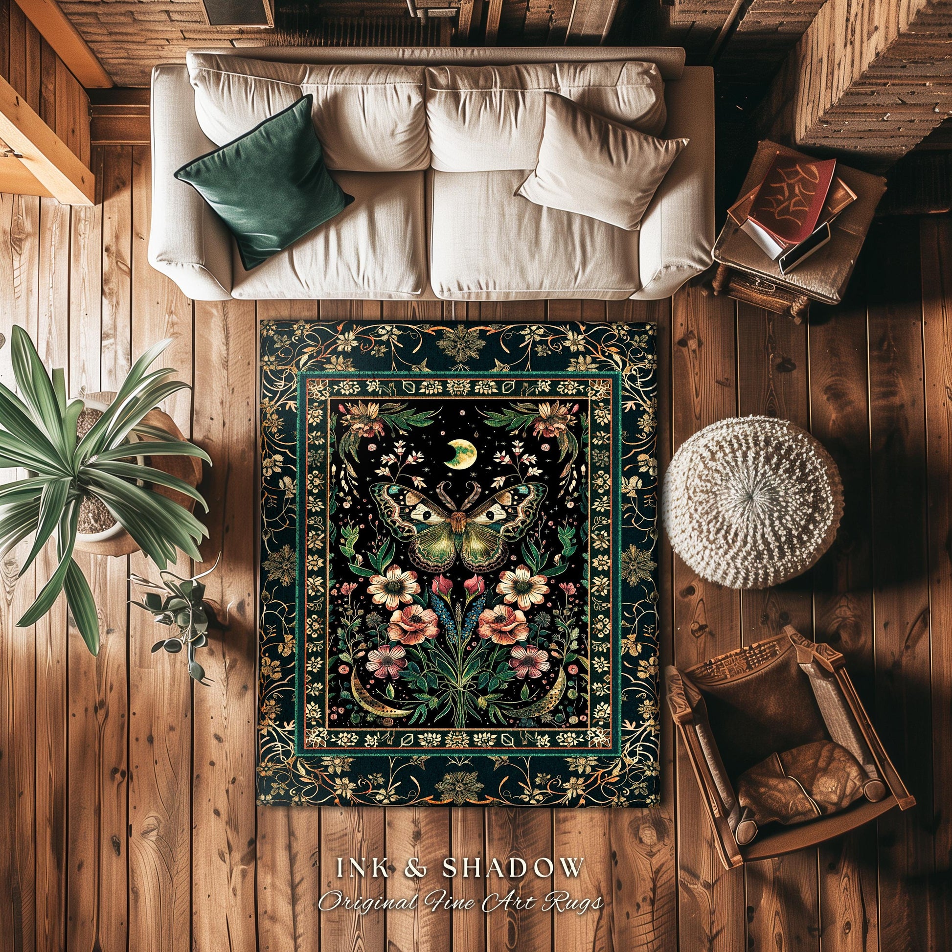 Ethereal Moth Rug Witchy Aesthetic Room Decor | Gothic Art Whimsical Occult Whimsigothic Wildflower Butterfly Moth Moon Fairycore Botanicals