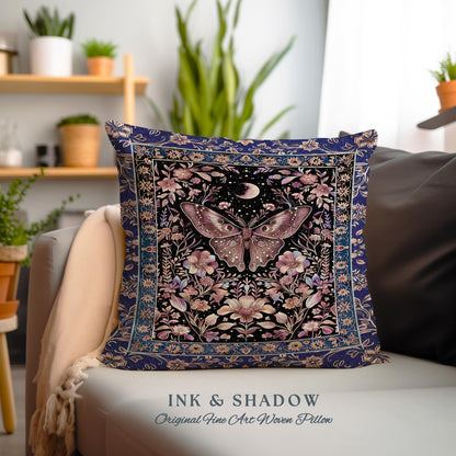 Witchy Botanical Moth Pillow Whimsigothic Purple Floral Fairycore Aesthetic | Gothic Cottagecore Butterfly Celestial Whimsy Tapestry Cushion