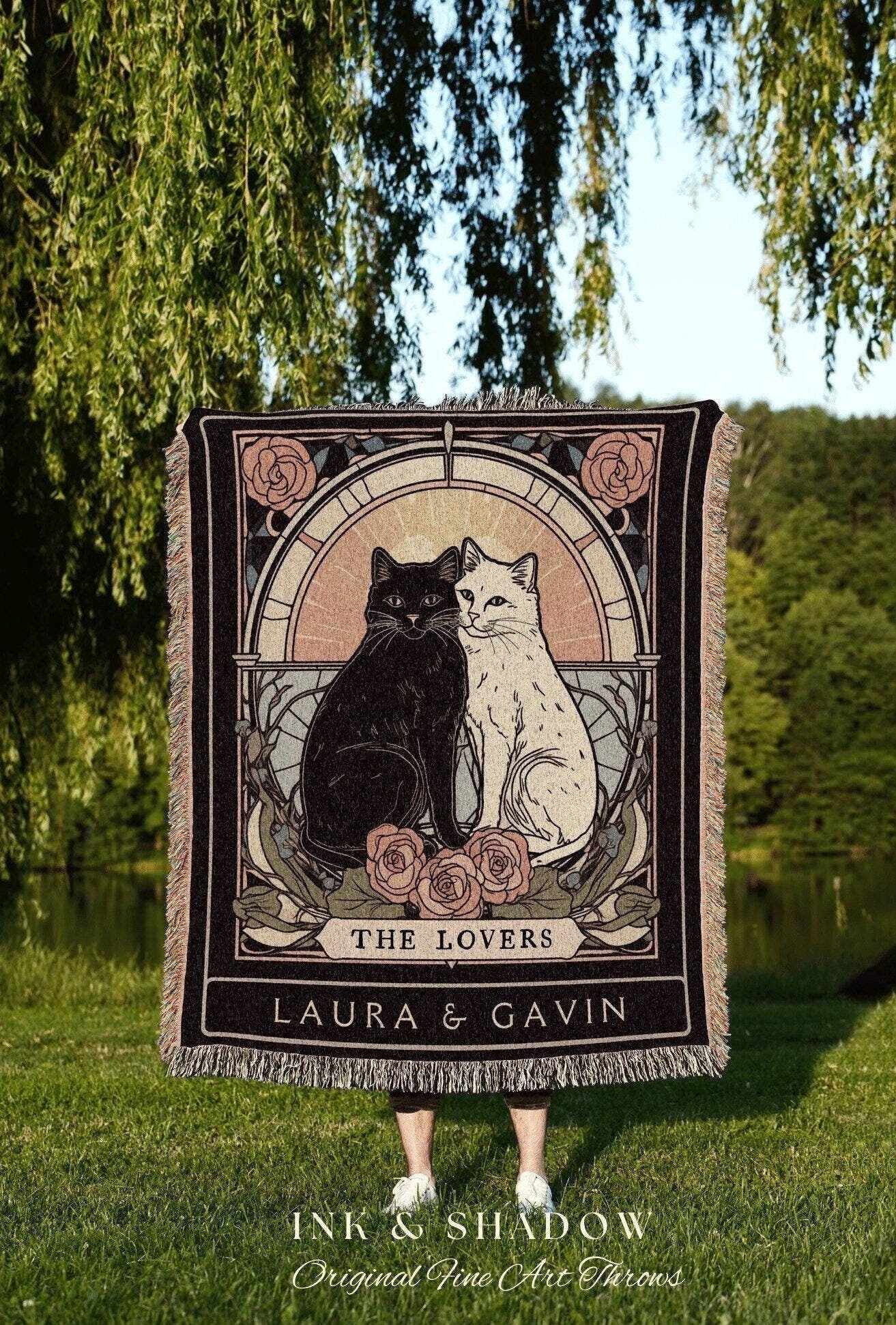 Celestial Wedding Tapestry | Cat Couple Tarot Card Blanket Personalized Anniversary Gift | Celestial Art Nouveau Tarot Card Custom Couples |