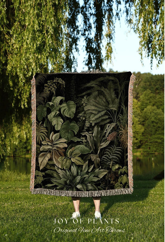 Moody Botanical Throw Blanket | Woven Cotton Throw Blanket Dark Cottagecore Botanical Blanket Forest Tapestry Goblincore Bedroom Decor Green