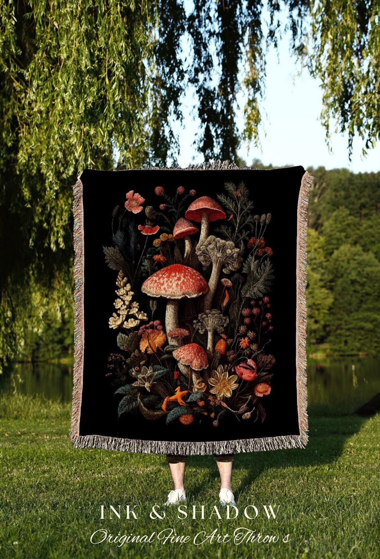 Mushroom Blanket Woven Wall Hanging | Vintage Mushroom Painting Tapestry Woven | Baroque Decor Witch Aesthetic Mushroom Tapestry Cottagecore