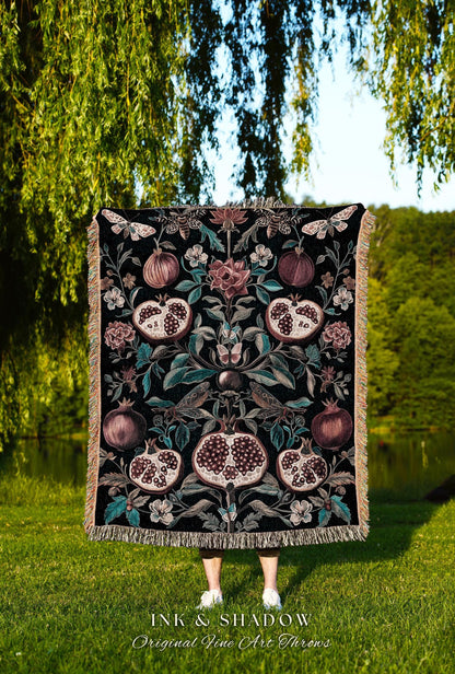 Woodland Gothic Pomegranate Botanical Blanket Enchanted Forest Nature Decor | Romantic Baroque Whimsical Floral Cottagecore Tapestry Throw