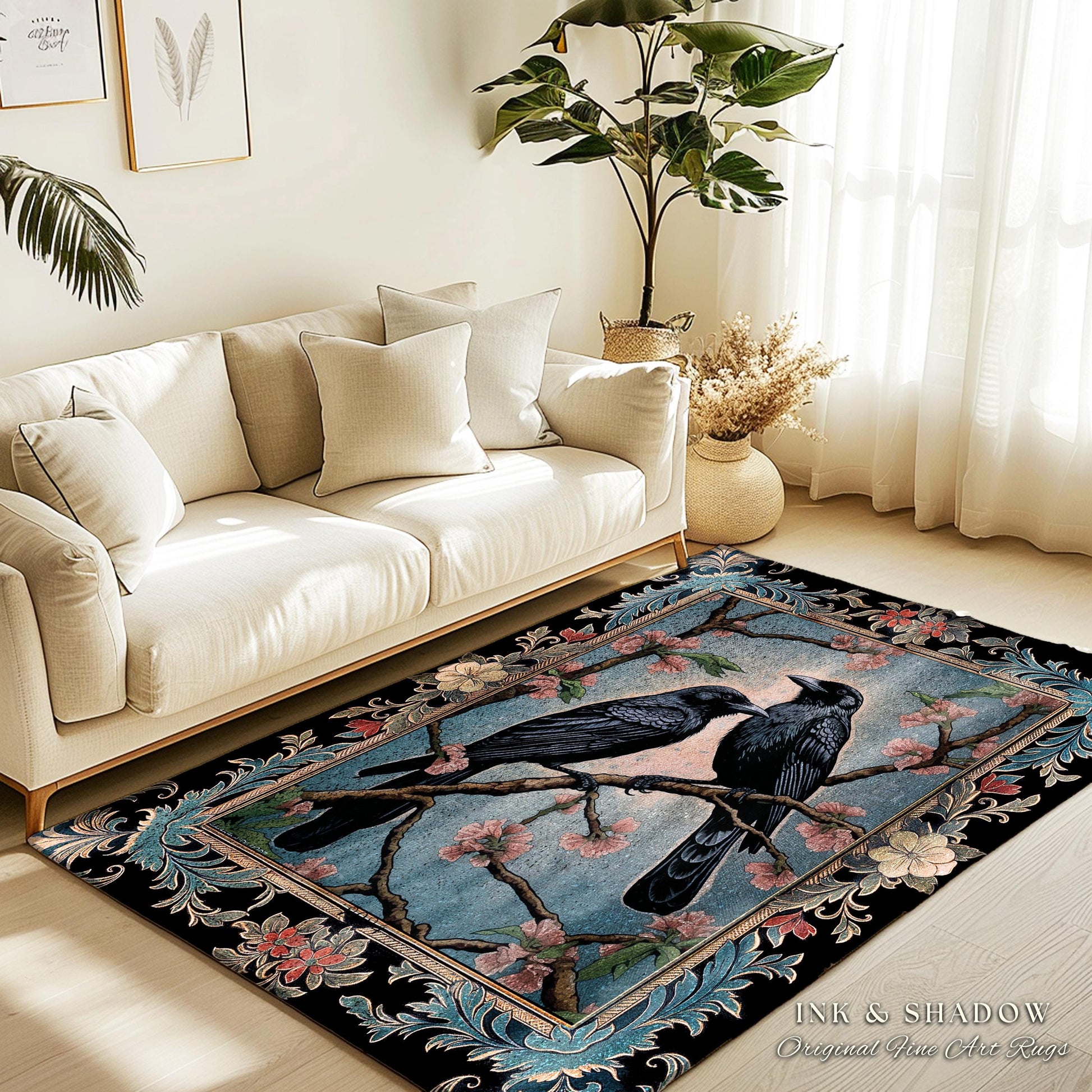 Dark Cottagecore Bird Home Decor Whimsical Woodland Gothic Raven Rug | Dark Academia Whimsigothic Crowcore Dusty Blue Enchanted Forestcore