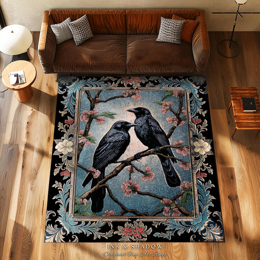 Dark Cottagecore Bird Home Decor Whimsical Woodland Gothic Raven Rug | Dark Academia Whimsigothic Crowcore Dusty Blue Enchanted Forestcore