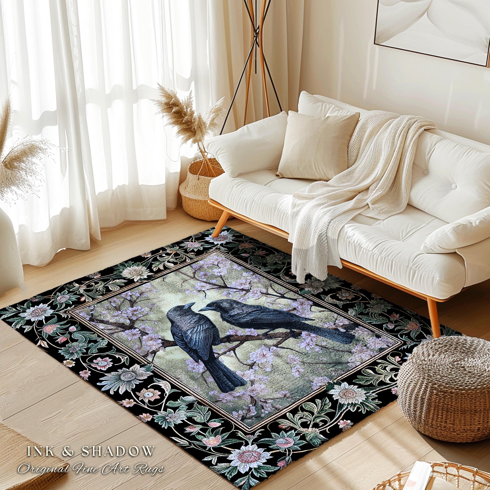 Whimsigoth Floral Raven Rug Crowcore Whimsical Woodland Gothic Fairycore Grunge, Enchanted Forest Moody Vintage Cottagecore Black Bird Decor