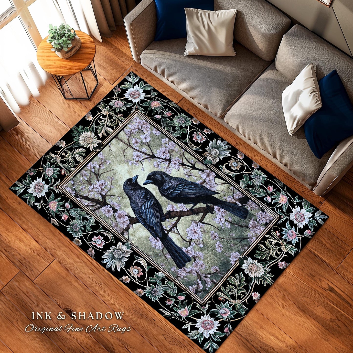 Whimsigoth Floral Raven Rug Crowcore Whimsical Woodland Gothic Fairycore Grunge, Enchanted Forest Moody Vintage Cottagecore Black Bird Decor