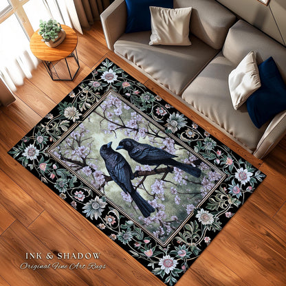 Whimsigoth Floral Raven Rug Crowcore Whimsical Woodland Gothic Fairycore Grunge, Enchanted Forest Moody Vintage Cottagecore Black Bird Decor