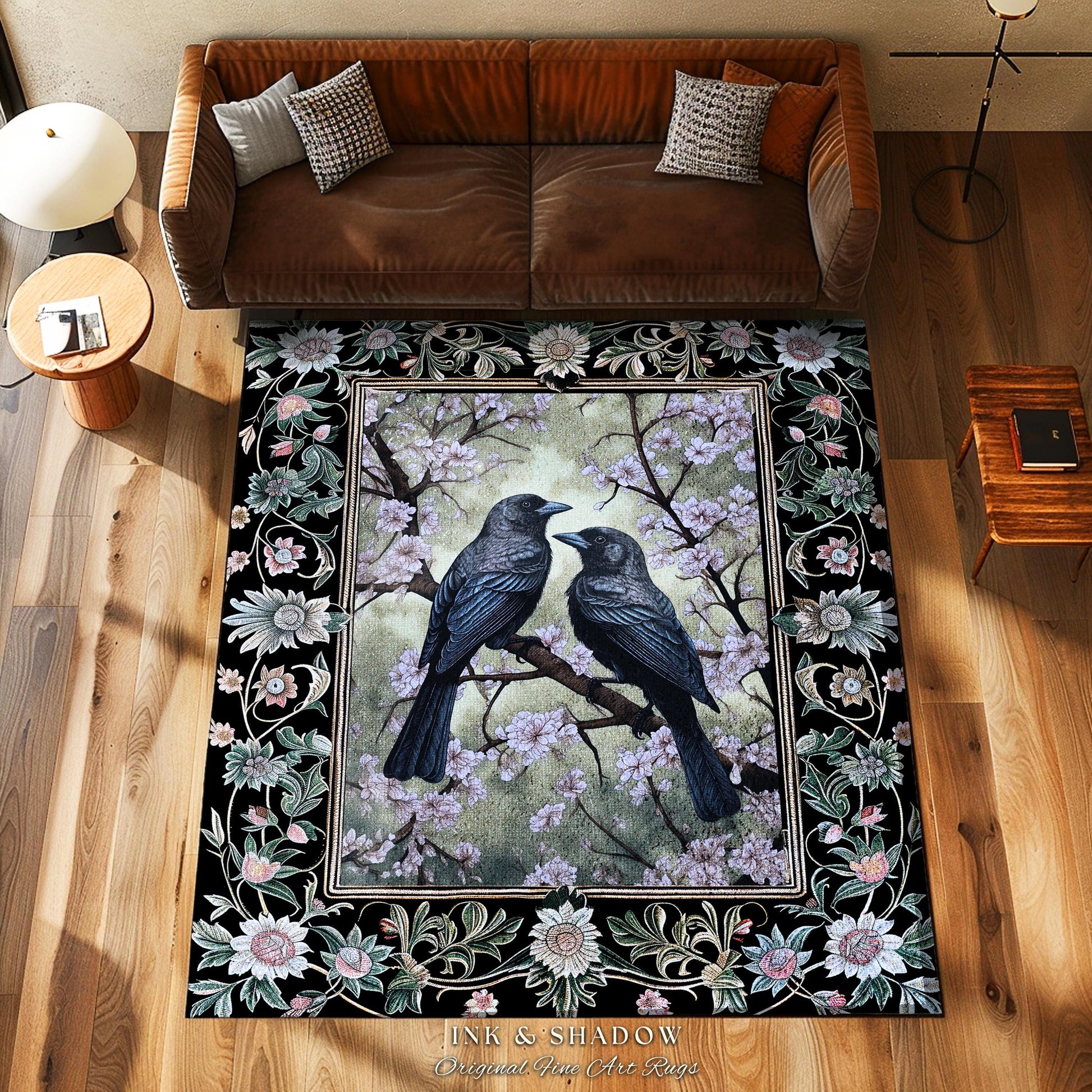 Whimsigoth Floral Raven Rug Crowcore Whimsical Woodland Gothic Fairycore Grunge, Enchanted Forest Moody Vintage Cottagecore Black Bird Decor