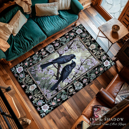 Whimsigoth Floral Raven Rug Crowcore Whimsical Woodland Gothic Fairycore Grunge, Enchanted Forest Moody Vintage Cottagecore Black Bird Decor