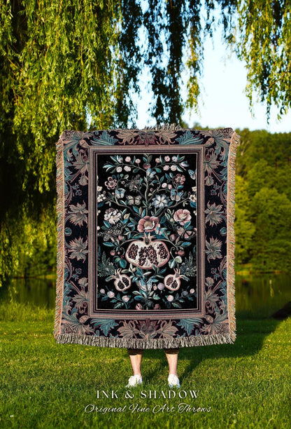 Witchy Dark Academia Pomegranate Blanket Whimsigothic Floral Home Decor, Enchanted Cottagecore Tapestry Throw Victorian Gothic Nature Accent