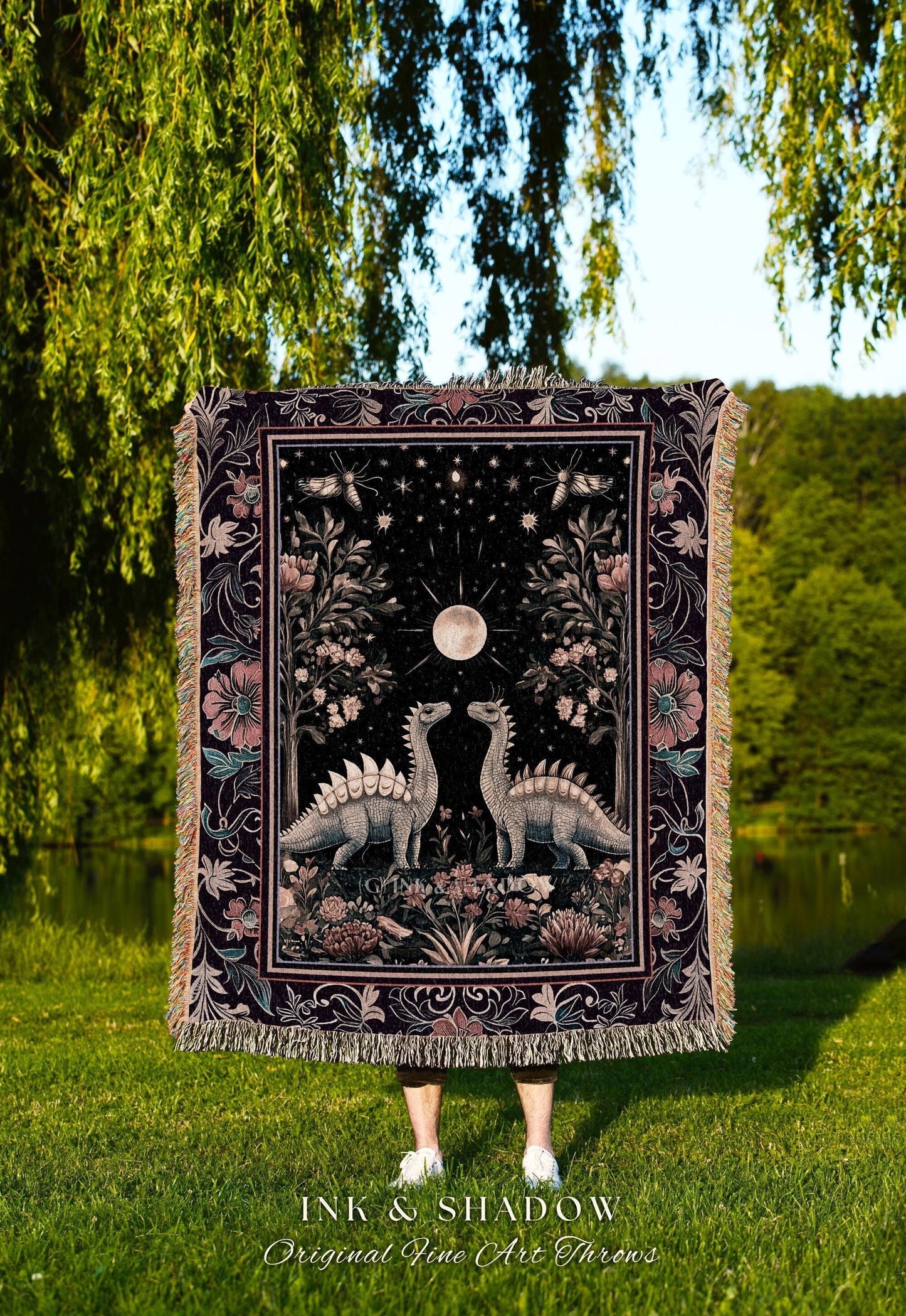 Enchanted Forest Stegosaurus Blanket Celestial Dinosaur Witchy Cottagecore Whimsigoth Decor, Moonlit Woodland Gothic Jurassic Tapestry Throw