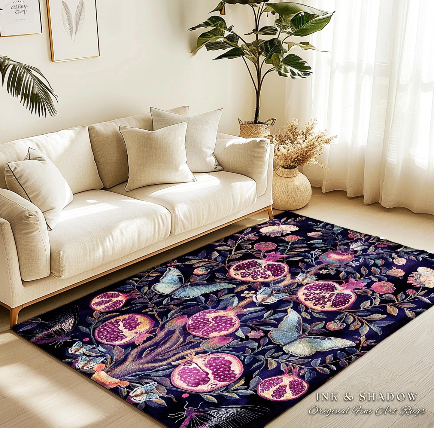 Whimsical Pomegranate Butterfly Rug Enchanted Woodland Victorian Gothic | Dark Academia Vintage Fairycore Botanical Art Ethereal Home Decor