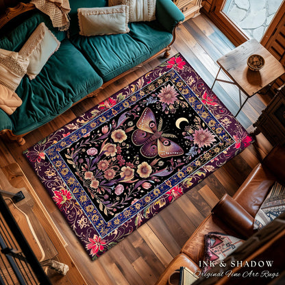 Mystic Moth Moon Rug Whimsigothic Purple Dark Cottagecore Witchy Wildflower Decor, Whimsical Boho Butterfly Floral Fairycore Retro Celestial