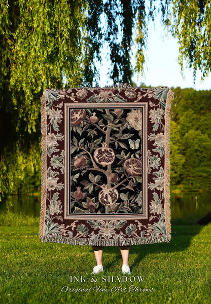 Floral Whimsigoth Vintage Pomegranate Art Nature Blanket Cottagegoth Botanical Baroque Elegance, Medieval Style Forestcore Tapestry Throw