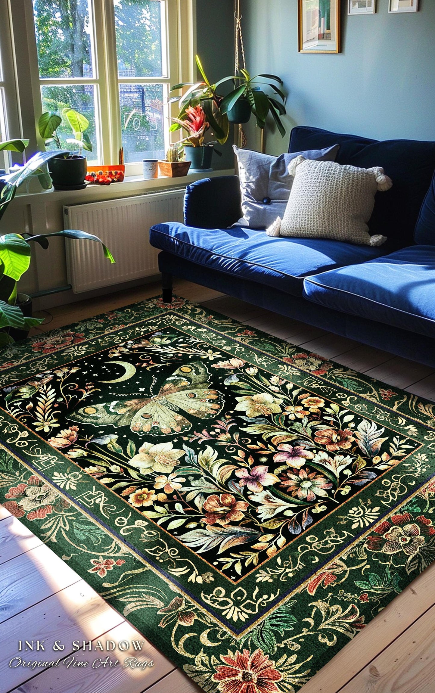 Boho Botanical Moth Rug Floral Grunge Fairycore Room Decor, Woodland Gothic Moon Butterfly Forest Green Forestcore Celestial Cottagecore Rug