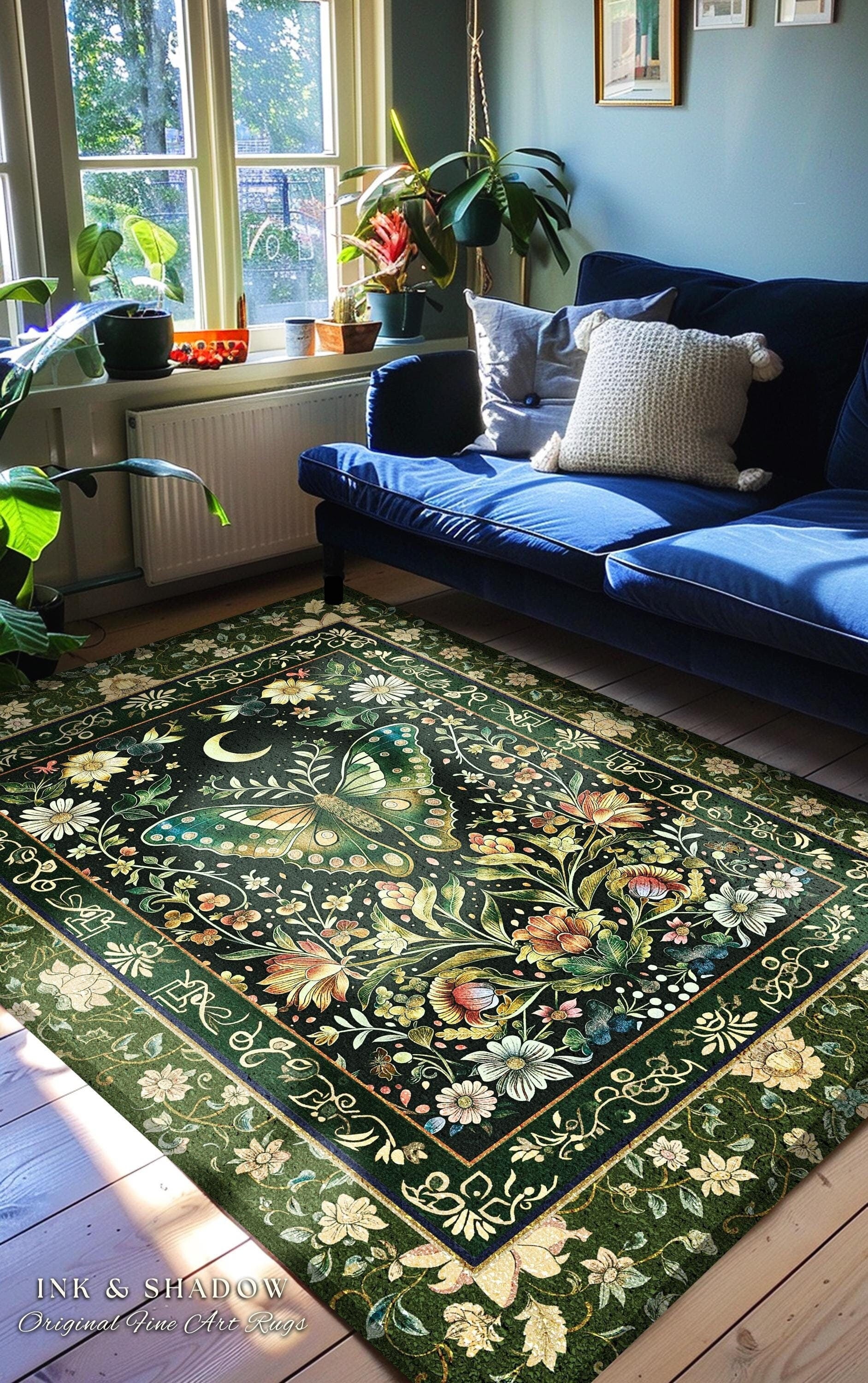 Woodland Gothic Botanical Moth Rug Witchy Dark Academia Aesthetic Room Decor, Whimsical Green Cottagecore Butterfly Wildflower Fairycore Rug