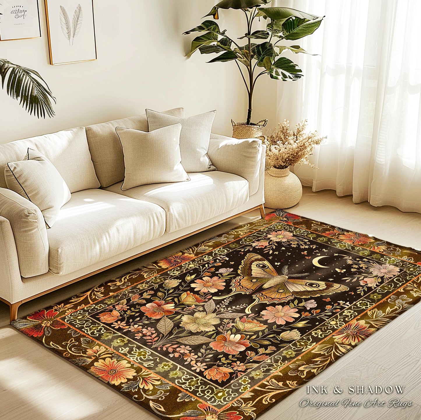 Rustic Floral Cottageore Moth Rug Vintage Aesthetic Fairycore Decor, Dark Academia Botanical Butterfly Woodland Gothic Whimsy Wildflower Rug