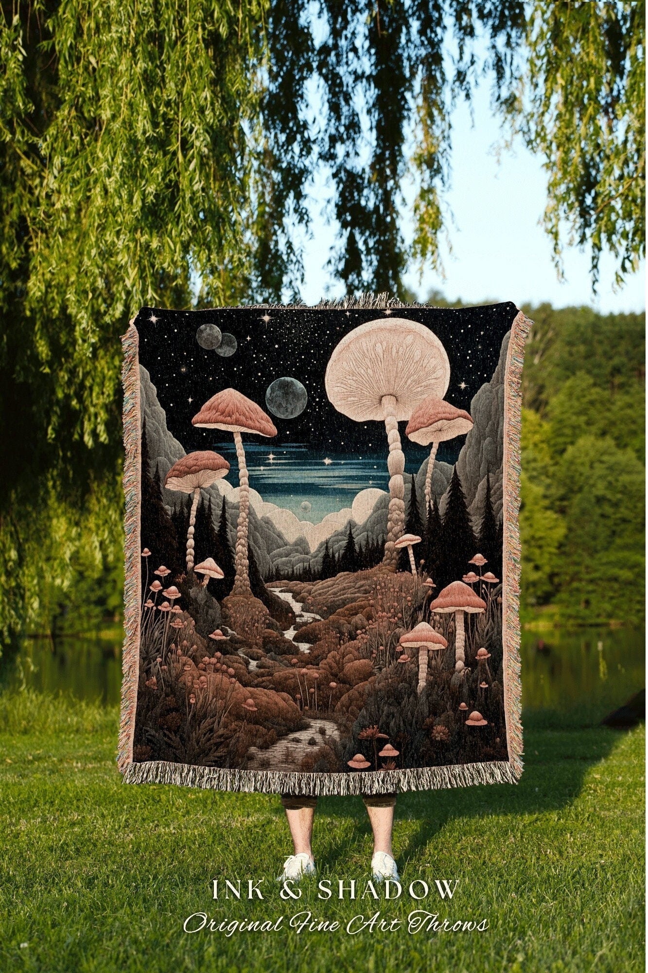 Retro Mushroom Cozy Throw | Cozy Gift for Mushroom Lover Whimsical Style Cottagecore Aesthetic Crowcore Wall Hanging Tapestry Boho Mystical