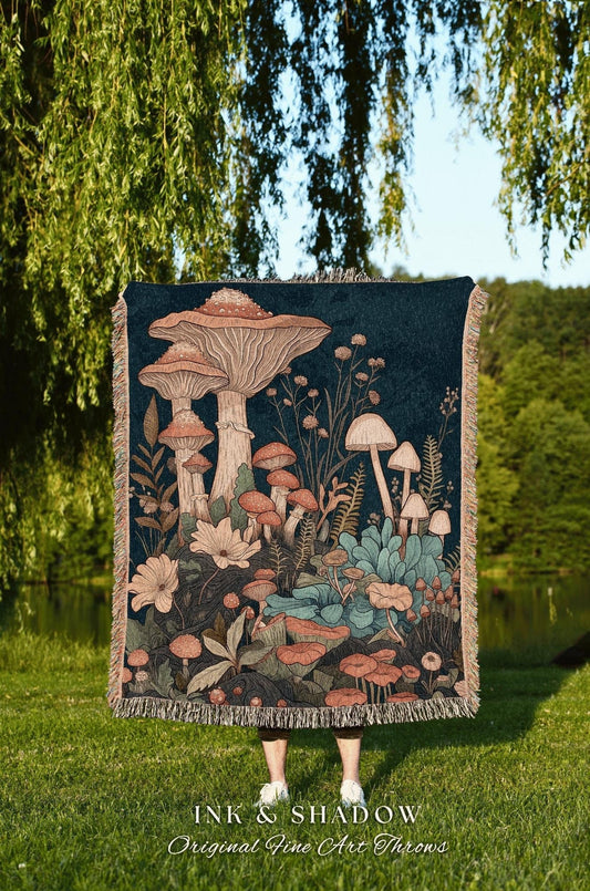 Whimsical Mushroom Forest Blanket | Woven Throw Gift for Mushroom Lover Whimsical Retro Style Reading Nook Aesthetic Magical Aesthetic Decor