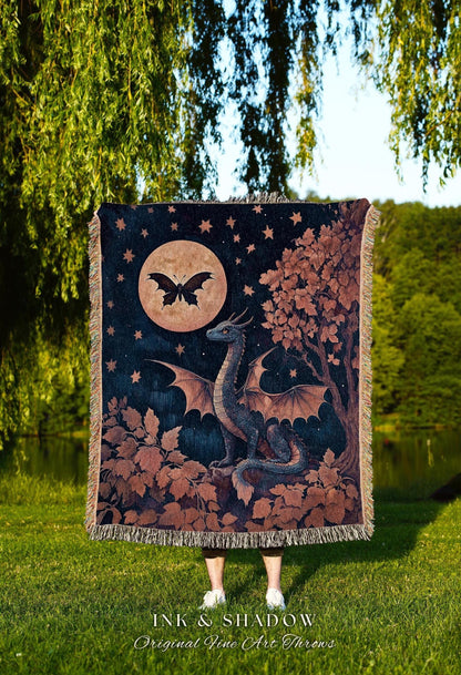 Whimsical Celestial Dragon Throw Enchanted Fall Forest Starry Night Throw | Magical Woodland Goblincore Mystical Moon Fairytale Ethereal Art