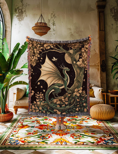 Gilded Hygge Antique Mystical Dragon Blanket Moonlit Forest Fantasy Art Throw | Vintage Celestial Romantic Baroque Woodland Gothic Tapestry