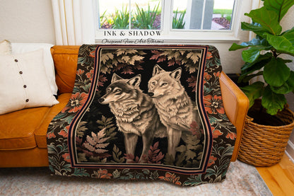 Victorian Gothic Wolf Blanket Dark Enchanted Forest Antique Baroque Decor, Whimsical Woodland Wolves Art Medieval Cottagecore Tapestry Throw