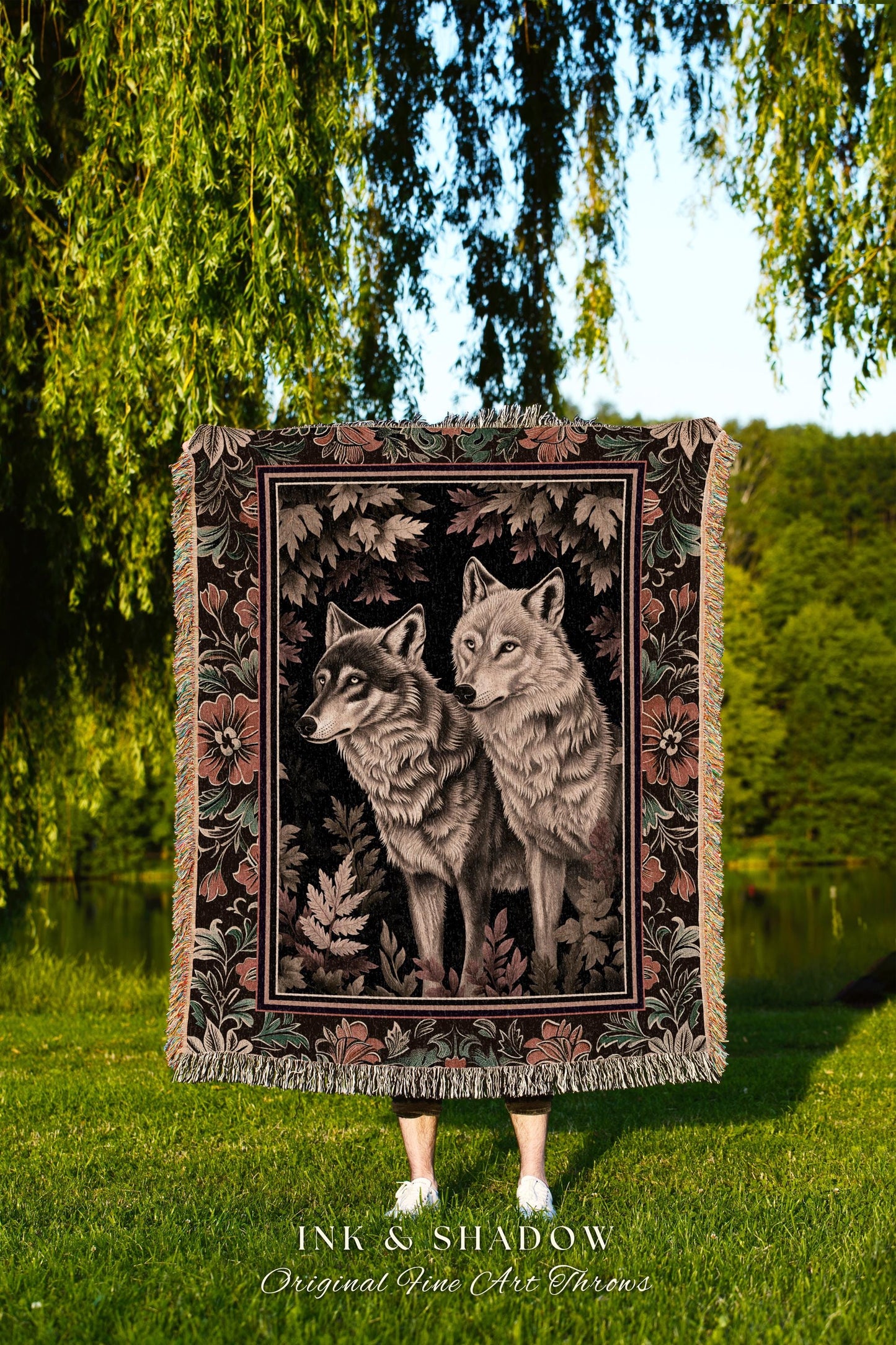 Victorian Gothic Wolf Blanket Dark Enchanted Forest Antique Baroque Decor, Whimsical Woodland Wolves Art Medieval Cottagecore Tapestry Throw