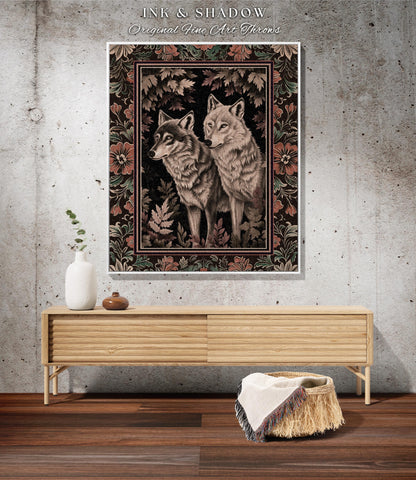 Victorian Gothic Wolf Blanket Dark Enchanted Forest Antique Baroque Decor, Whimsical Woodland Wolves Art Medieval Cottagecore Tapestry Throw