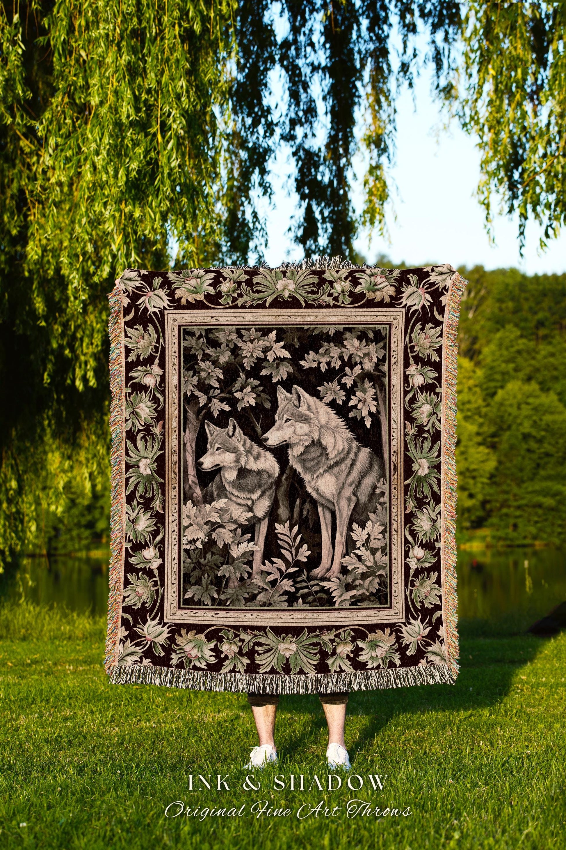 Ethereal Forest Wolves Art Blanket Enchanted Folklore Forestcore Tapestry Blanket, Whimsical Woodland Gothic Ornate Baroque Whimsy Fairycore