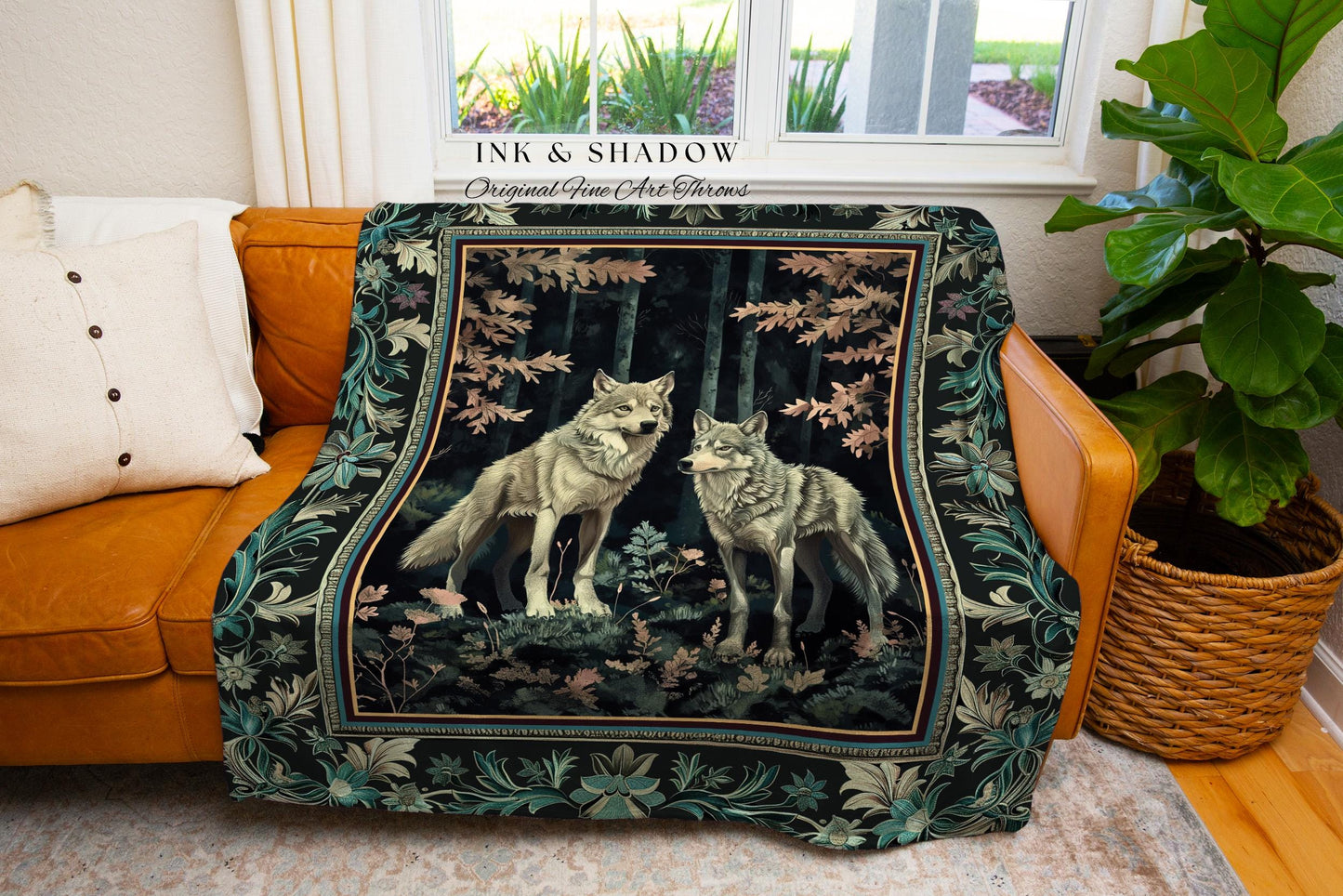 Deep Woods Moody Wolf Tapestry | Forestcore Botanical Gothic Woven Blanket Dark Academia Style Fairytale Bedroom Victorian Dark Maximalist