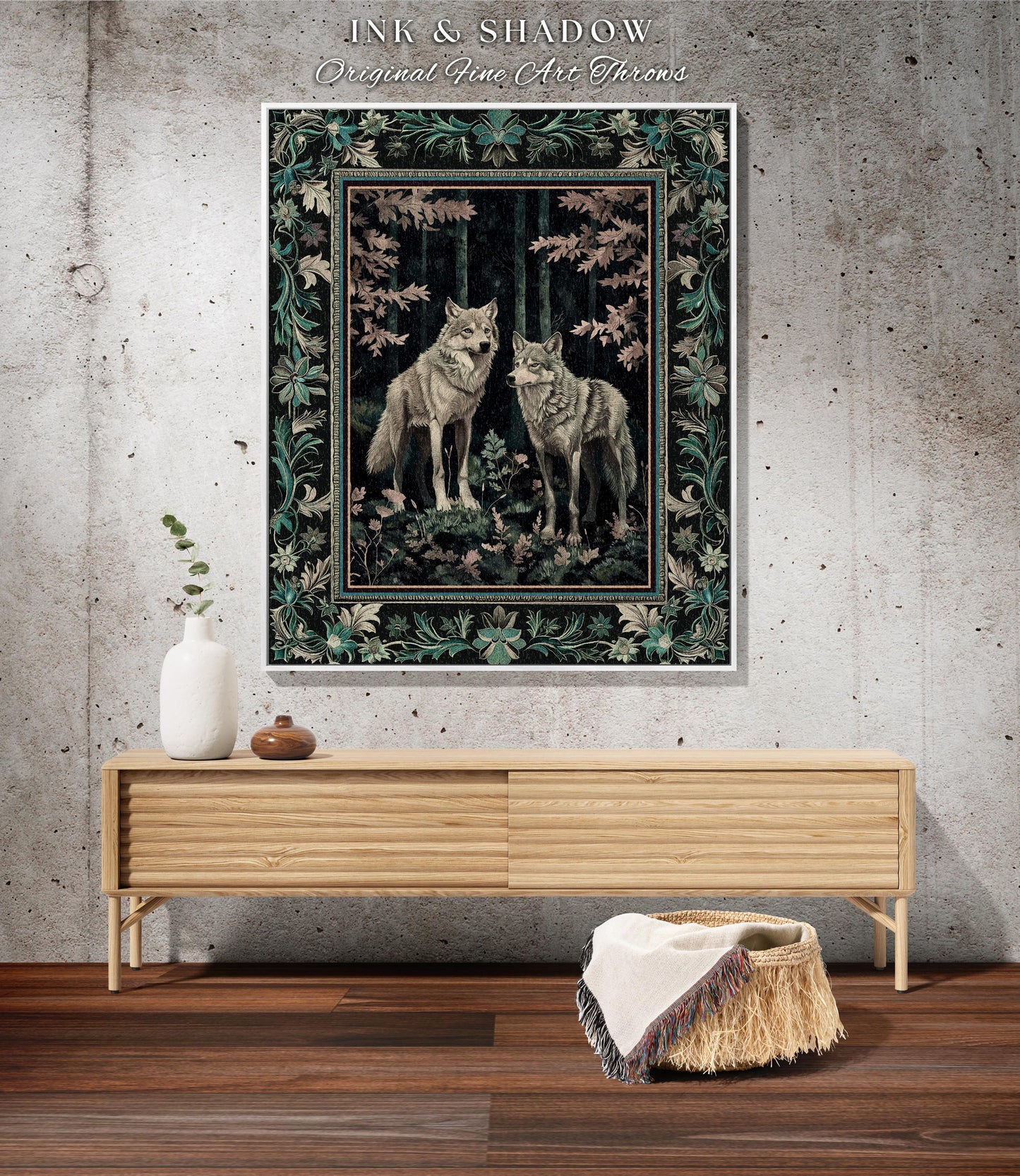 Deep Woods Moody Wolf Tapestry | Forestcore Botanical Gothic Woven Blanket Dark Academia Style Fairytale Bedroom Victorian Dark Maximalist