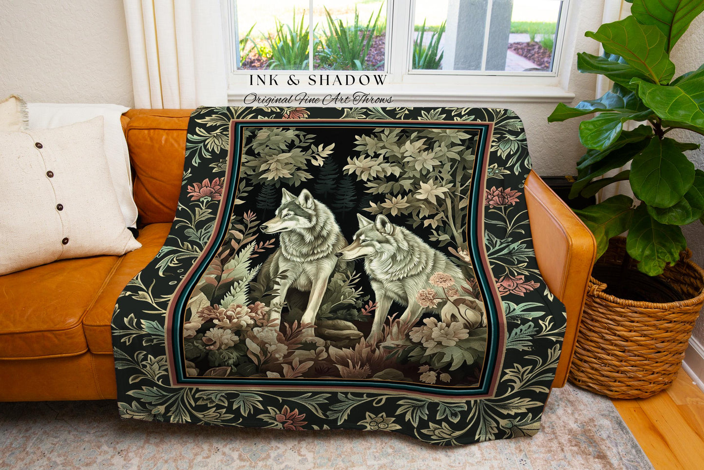 Witchy Woodland Wolves Tapestry | Whimsical Botanical Cozy Woven Throw Blanket Cabincore Bedding Forestcore Bedding Folklore Style Floral |